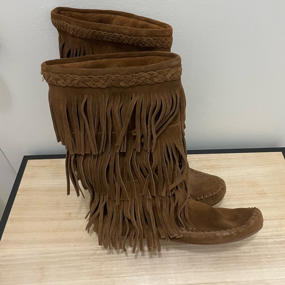 Minnetonka Brown Fringe Suede Boots - Picture 3 of 4